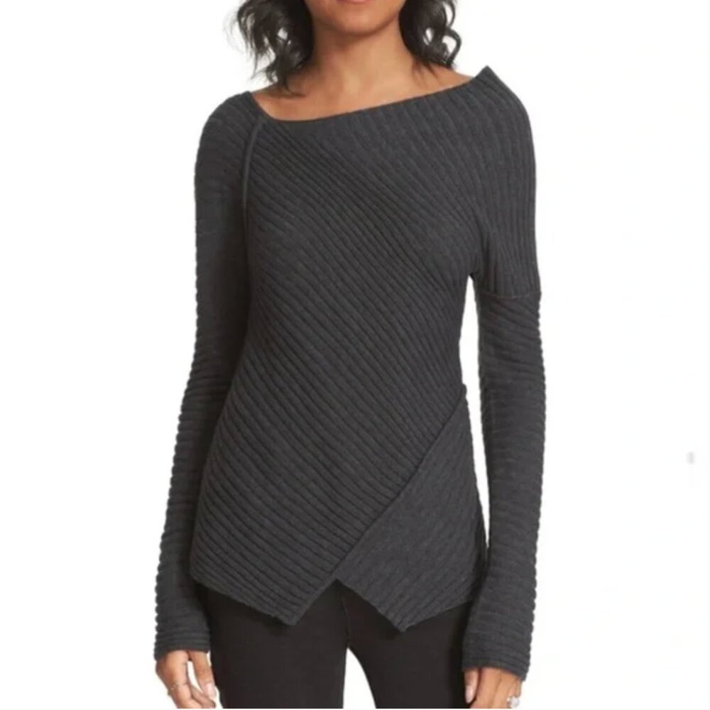 Free People Grey Wool Blend Love & Harmony Ribbed Asymmetric Sweater, Size M